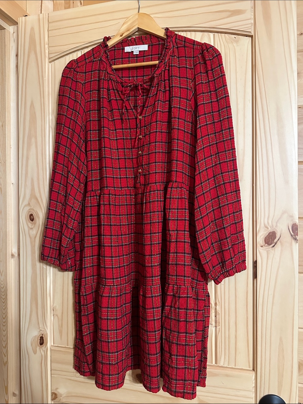 LOFT Red and Black Plaid Tiered Tie-Neck Dress